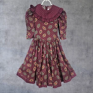 Vintage 80s Jayne Copeland Burgundy Paisley Short Sleeve Dress Size 8 Girls V4 - Picture 1 of 9