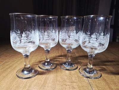 4 Vtg Arby's Winter White Frosted Pine Tree Wine Goblets w/ Gold Rim Libbey 7" - Image 1 of 4