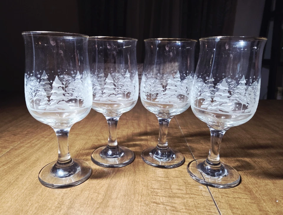 4 Vtg Arby's Winter White Frosted Pine Tree Wine Goblets w/ Gold Rim Libbey 7" - Image 1 of 4