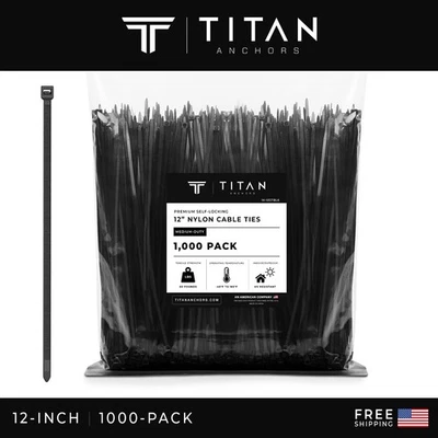 1000-Pack Premium 12" Inch Black Nylon Zip Ties, 60 lbs, UV Resistant, 4.8mm - Image 1 of 4
