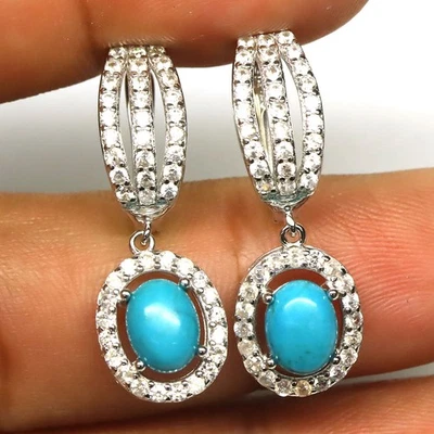 Prata esterlina 925 6 x 8 mm. Brincos de ouro branco azul turquesa e zircão branco - Imagem 1 de 4