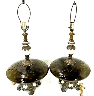 Lámparas de mesa MCM 1970 EF EF INDUSTRIES Hollywood Regency globo OVNI de latón verde Foto 1 de 4