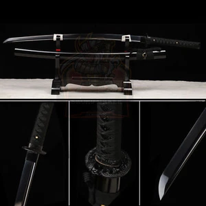 Japanese Samurai Katana Sword Full Tang 9260 Spring Steel Sharp All Black - Picture 1 of 12