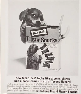 Aperitivos con sabor a hueso de leche 1964 galletas para perros 6 variedades anuncio impreso vintage - Imagen 1 de 1