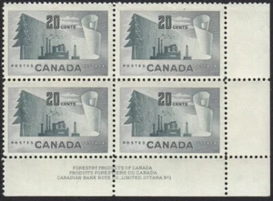 HISTORY = PAPER MILL = Canada 1952 #316 LR Block of 4 Plate #1 MNH - Picture 1 of 1