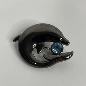 Liz Claiborne Dolphin Brooch Black Metal Pin 1.75" w/Blue Stone Vintage  - Picture 1 of 3