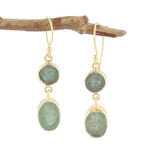 Double Stone Green Strawberry Quartz Dangle Earring Gold Plated Raw Look Jewelry - Picture 1 of 3
