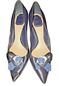 CHRISTIAN DIOR Pointed Toe Navy Leather with Blue Floral and CD Logo Shoes SZ 38 - Picture 1 of 15
