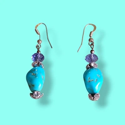 Silver Plate Turquoise & Purple Faceted Glass Dangle Drop Boho Hook Earrings - Image 1 of 4
