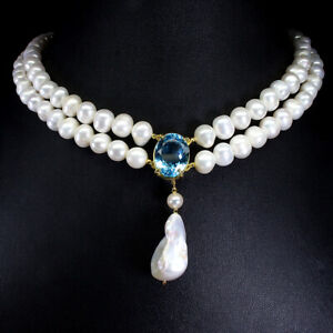 Oval Swiss Blue Topaz 18x13mm Pearl 925 Sterling Silver Necklace 18 Inches