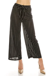 LA12ST Women High Waist Casual Self Tie Stripe Wide Leg Palazzo Pants - Picture 1 of 41