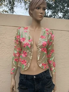 HOLLYWOOD GLAM VINTAGE PERLEN BESTICKT BLUMEN OFFENE VORDERSEITE JACKE - Bild 1 von 7