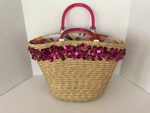 LARGE STRAW HANDBAG COTTON FLORAL FABRIC & PINK SEQUINS & HANDLES - Picture 1 of 7