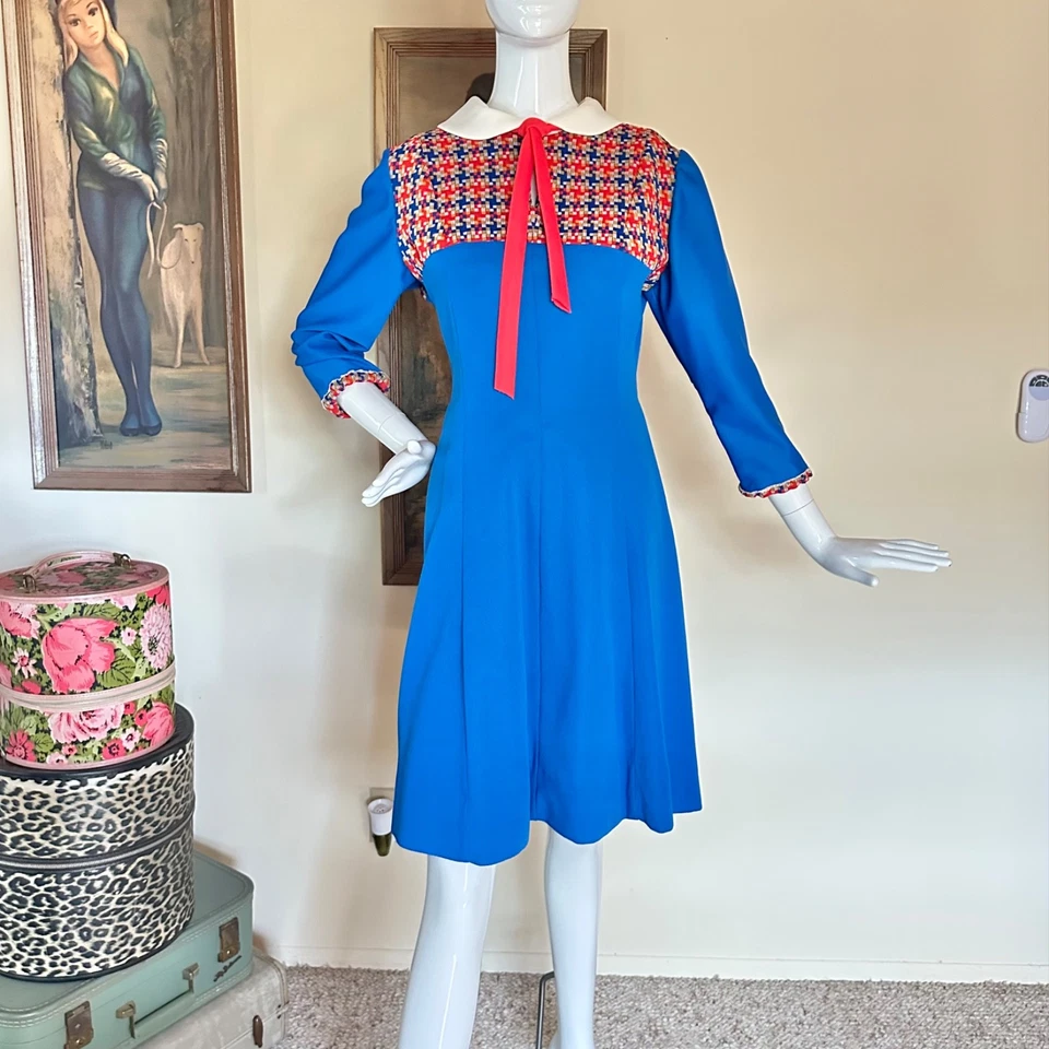 Mod Vintage Años 60/70 Volup Escuela Niña Peter Pan Cuello Corbata Scooter Vestido L Foto 1 de 4