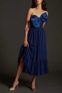 Anthropologie Hutch Colorblocked Bow-Tie Midi Dress NWOT Size 8P Navy Blue - Picture 1 of 8