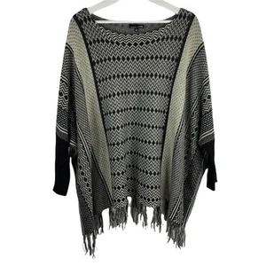 RXB Size M Poncho Sweater Boat Neck Black Beige Tribal Aztec Print Knit Women’s - Picture 1 of 7