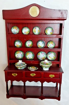 Dolls House Mahogany  Dresser with plates, toureens, 1:12 scale, 20cm High - Image 1 of 4