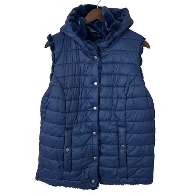 NWT Soft Surroundings Reversible Vest Women XL Quilted Puffer Hooded Navy Blue - Image 1 of 4