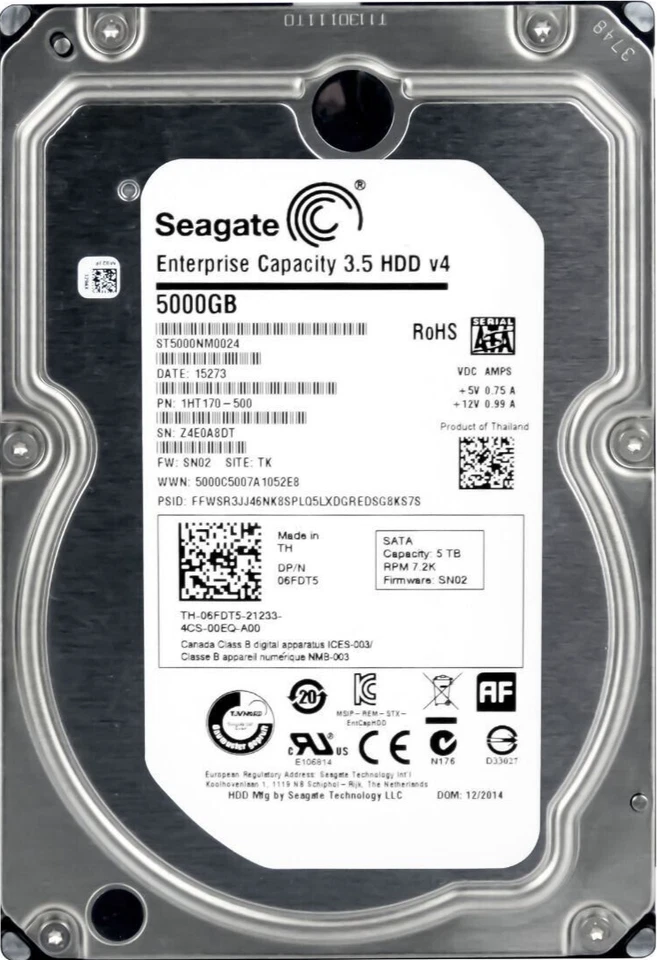 Hard Dell 06FDT5 6FDT5 ST5000NM0024 5TB 7200U/Min 128MB SATA III 3.5 " Inch - Image 1 of 3