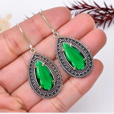 Pendientes colgantes de piedras preciosas de diopsido de cromo, pendientes hechos a mano de plata de ley 925 Foto 1 de 4
