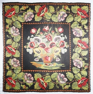 Authentic Vintage Moldova flower handmade kilim–Handwoven black Green col tones - Picture 1 of 11