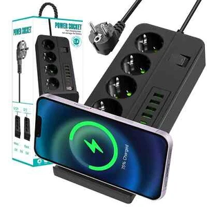 Rallonge de prise de 3 m avec chargeur à induction Qi 4 prises UE, 4 ports USB - Afbeelding 1 van 8