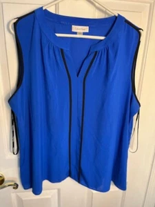 Calvin Klein Sleeveless Polyester Sleeveless Blouse, Blue w/ Black Trim, Size 1x - Picture 1 of 3