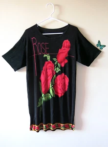 Vintage Korean Black Red Roses Acetate Y2K  Party Travel Dancing Dress Size M/L - Picture 1 of 8