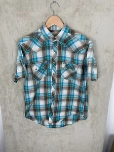 Men's Wrangler Retro Western Short Sleeve Plaid Pearl Snap Shirt Size M Medium - Picture 1 of 6