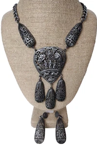 Vintage Hobe Egyptian Ncklace and Earrings French Pewter W/Hobe Tag Thoth Anubis - Picture 1 of 15