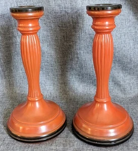 Set Of 2 Vintage Glass Orange & Black Candlesticks Tiffin? Czechoslovakian? - Picture 1 of 6