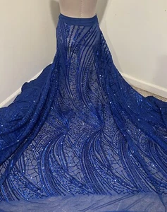 Royal blue 4way stretch sequins Embroidery Mesh Lace fabric 50” Width 1  Yard - Picture 1 of 7