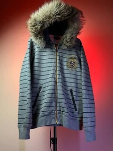 Ralph Lauren Polo Jeans Co. Zip Hoodie Faux Fur Crest Patch Striped USA L - Picture 1 of 10