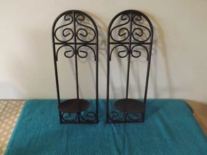 Metal Black Versatile Pair Two Scrollwork Candleholder Wall Sconces Pillar - Picture 1 of 5