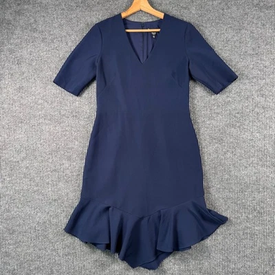 Maggy London Dress 10 Navy Blue Minimalist V-Neck Ruffle Hem Sheath Modern Chic - Image 1 of 4