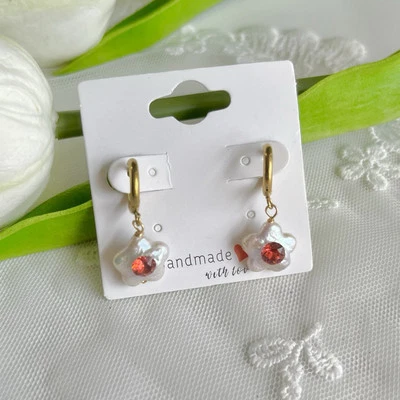 Handmade Foral Baroque Genuine Pearl Gold Plated Earrings Hoops Red Gemstone - Image 1 of 4