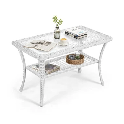 Mesa de centro de mimbre para exteriores mesa auxiliar de patio de ratán de 2 niveles mesa central templada Foto 1 de 4