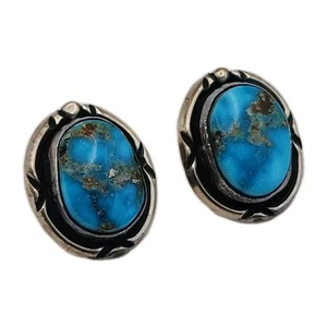 Vintage Torquoise Sterling Silver Native American Handcrafted Oval Stud Earrings - Picture 1 of 16