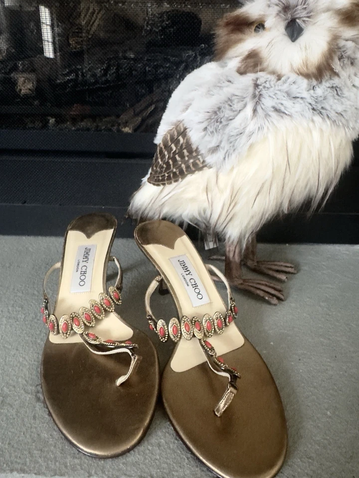 JIMMY CHOO стринги T ремень платье каблука сандалии украшенный драгоценными камнями металлик золото красный Cor G2U - Изображение 1 из 4