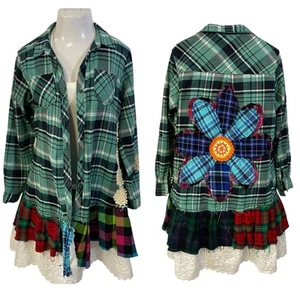 Camisa de Franela para Mujer XL Verde Plumero Cabaña Grunge Reciclado Arte Campesino - Imagen 1 de 17