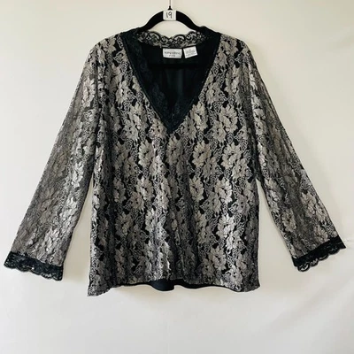 Kathy Ireland Womens Black Silver Lace Floral Overlay Romantic Blouse Top 2X - Image 1 of 4