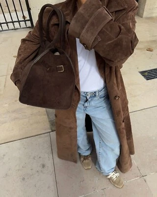 真麂皮绒棕色皮革长风衣女式夹克 XS S M L XL 2XL — 第 1/4 张图片