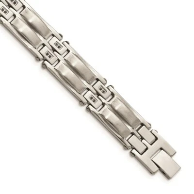 Stainless Steel Satin & Polished w/Black CZ Link Bracelet - Image 1 of 4