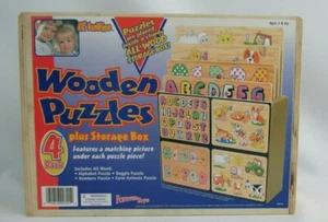 4 Pack Wooden Puzzles w/Storage Box Alphabet Doggie Numbers Farm Animals - Picture 1 of 8
