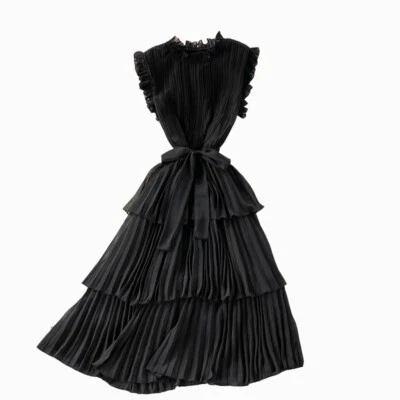 Lady Chiffon Pleated Tiered Dress Ruffle Layered Sleeveless V Neck Elegant Dress - Image 1 of 4