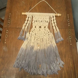 Makramee Boho Retro Handgewebt Schiefer Blau Creme Wandteppich Wandbehang Hippie - Bild 1 von 7