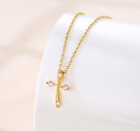 Gold Faith Cross Titanium Pave Cubic Zirconia Pendant Chain Necklace