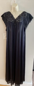 Vintage Shadowline langes Nachthemd Spitze 3X schwarz seidig Nylon Flügelärmel 54" lang - Bild 1 von 12