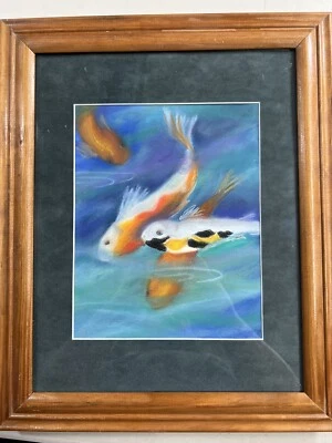 "Pintura pastel original jardín de peces koi enmarcada firmada por Sally Heald 13x17""" Foto 1 de 4