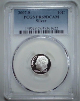 2007-S 10C Roosevelt Dime  PCGS PR69DCAM 90% Silver 24att0527 - Image 1 of 4